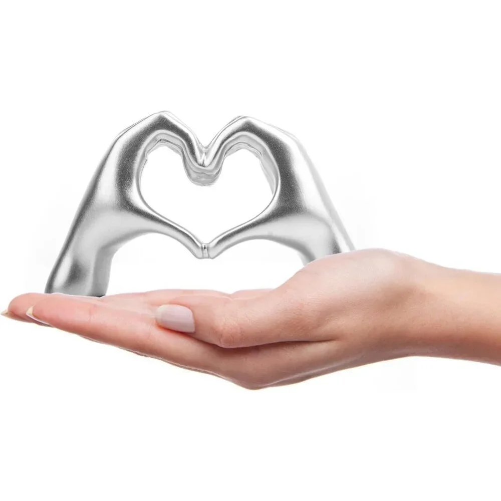 Small Silver Heart Hands Sculpture Decor for Living Room Bedroom Bookshelf